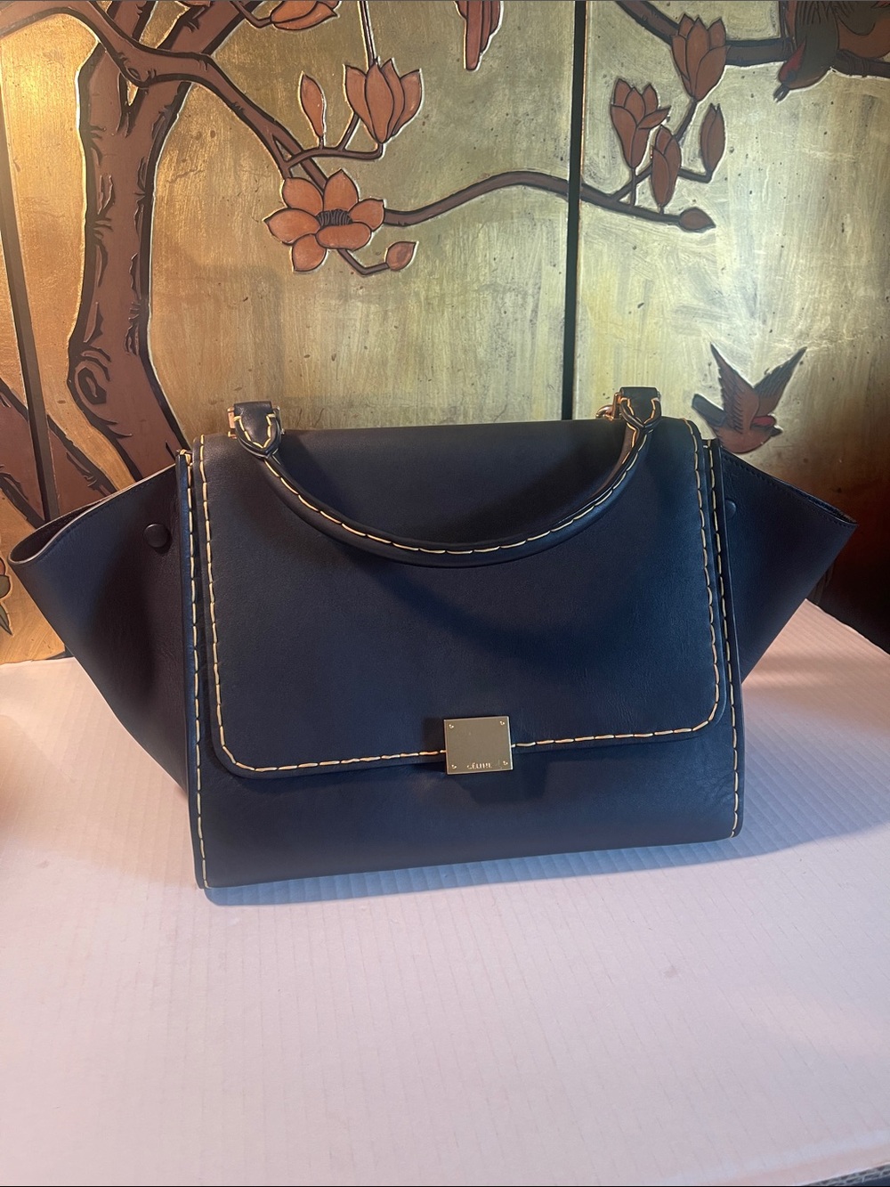 Celine Trapeze Black Leather & GoldTop-Handle Women's Bag with Contrast Stitches